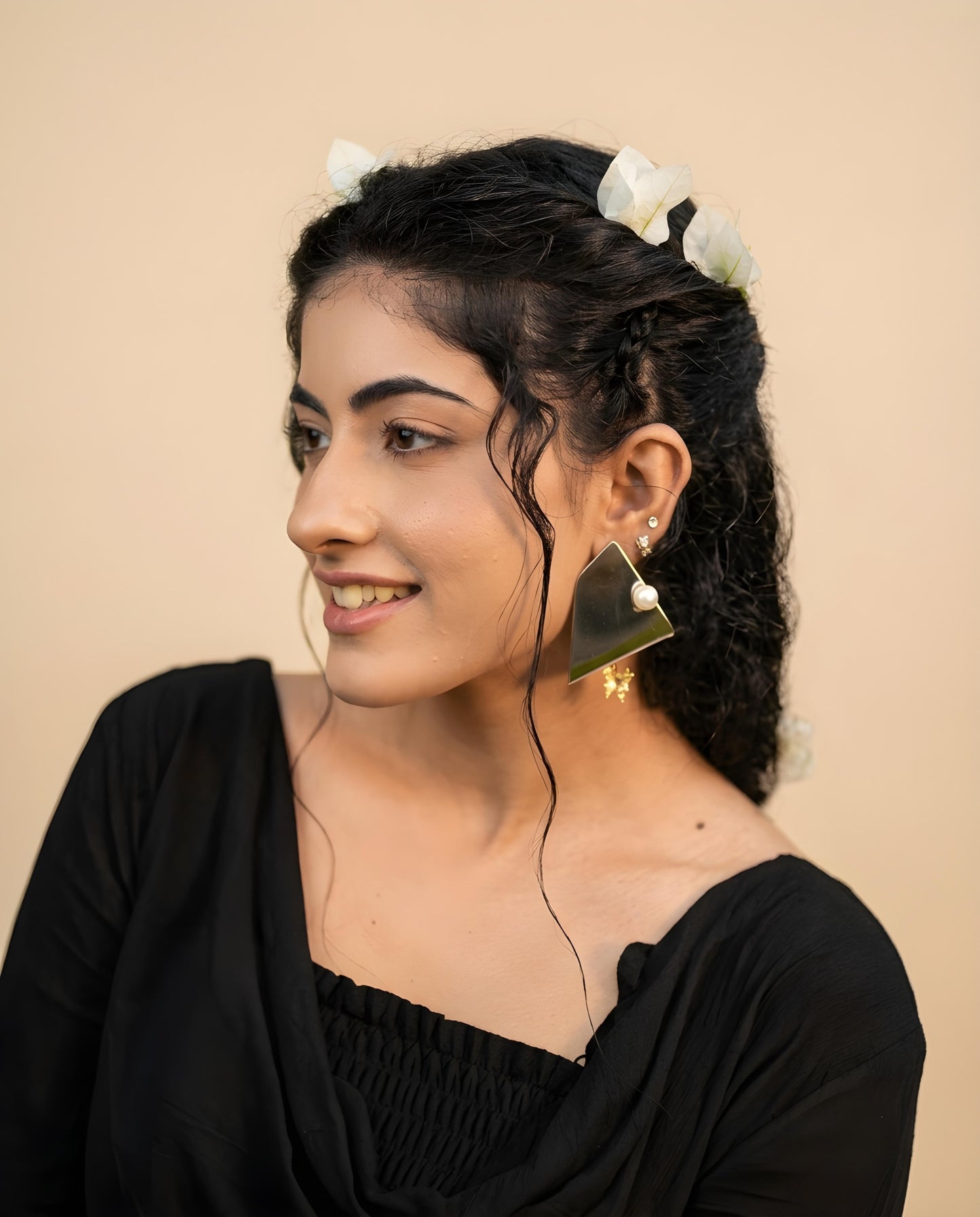 Geometric Mirror Triangle Gold Floral Drop Earrings