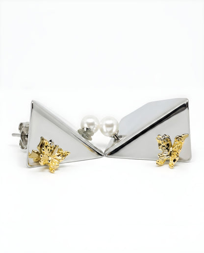 Geometric Mirror Triangle Gold Floral Drop Earrings