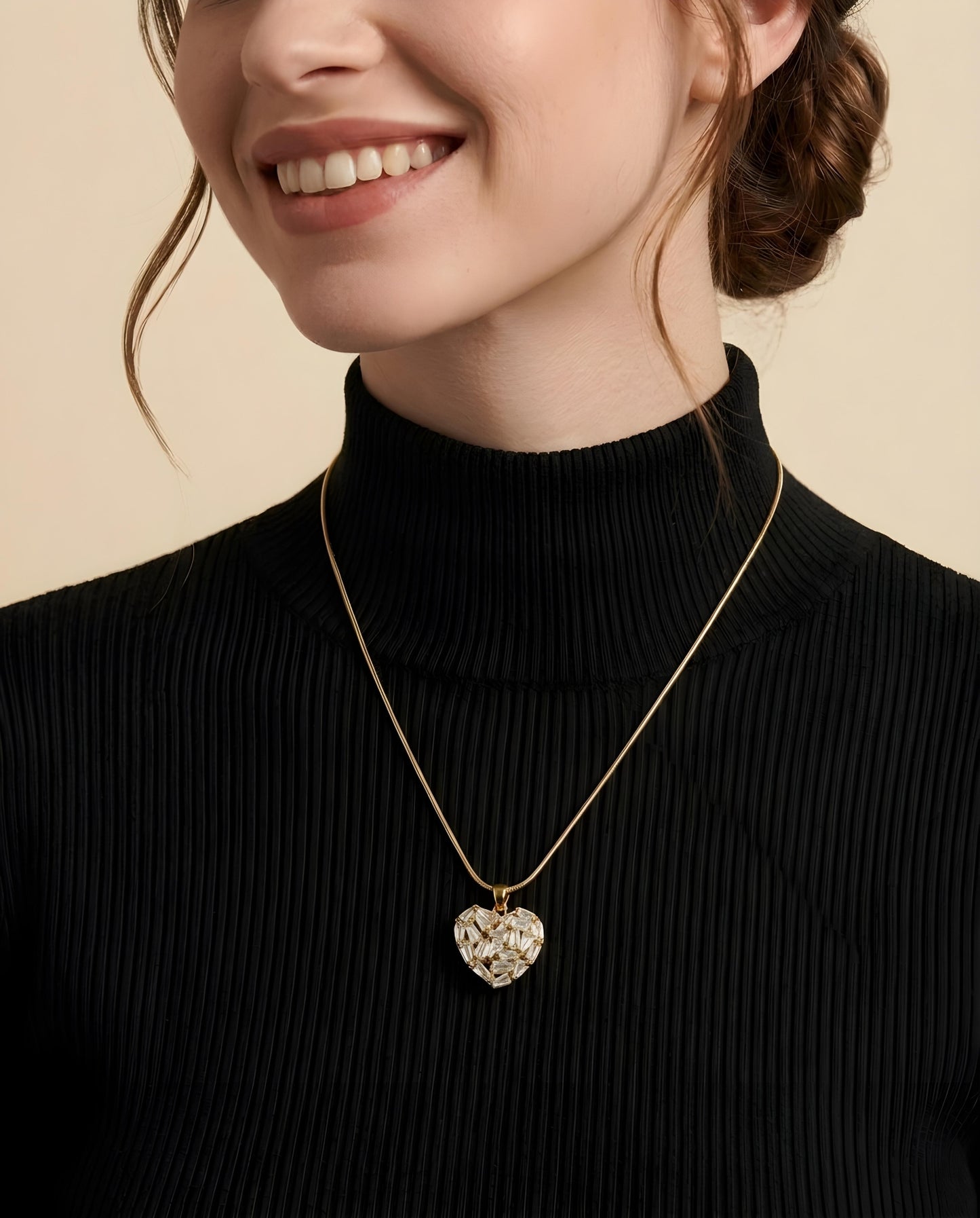Baguette Crystal Cluster Heart Gold Snake Chain Pendant Necklace