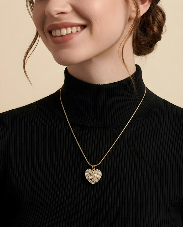Baguette Crystal Cluster Heart Gold Snake Chain Pendant Necklace