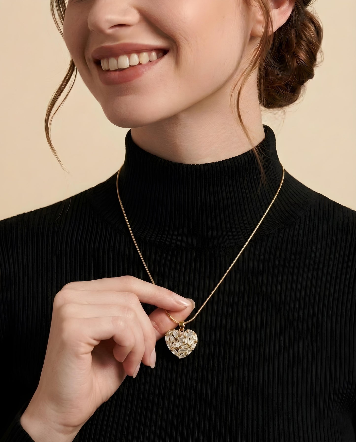 Baguette Crystal Cluster Heart Gold Snake Chain Pendant Necklace