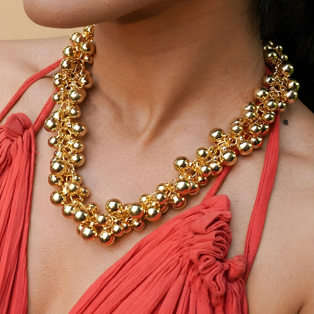 Bold Multi-Strand Gold Ball Bead Statement Necklace