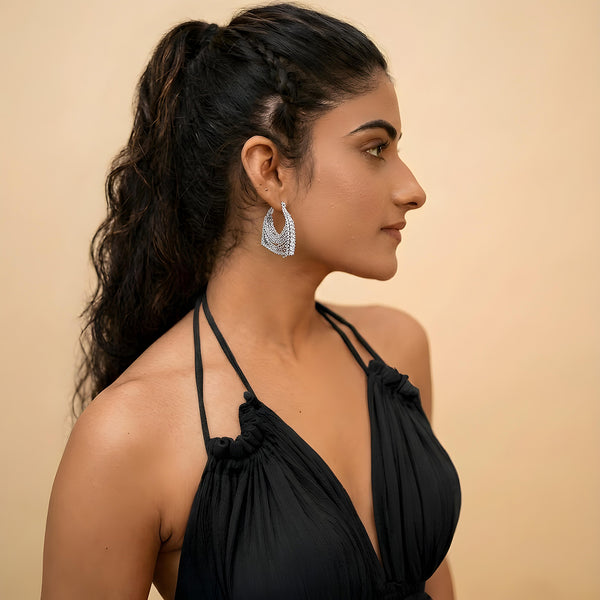 Crystal Arc Silver Chain Fringe Tassel Drop Earrings