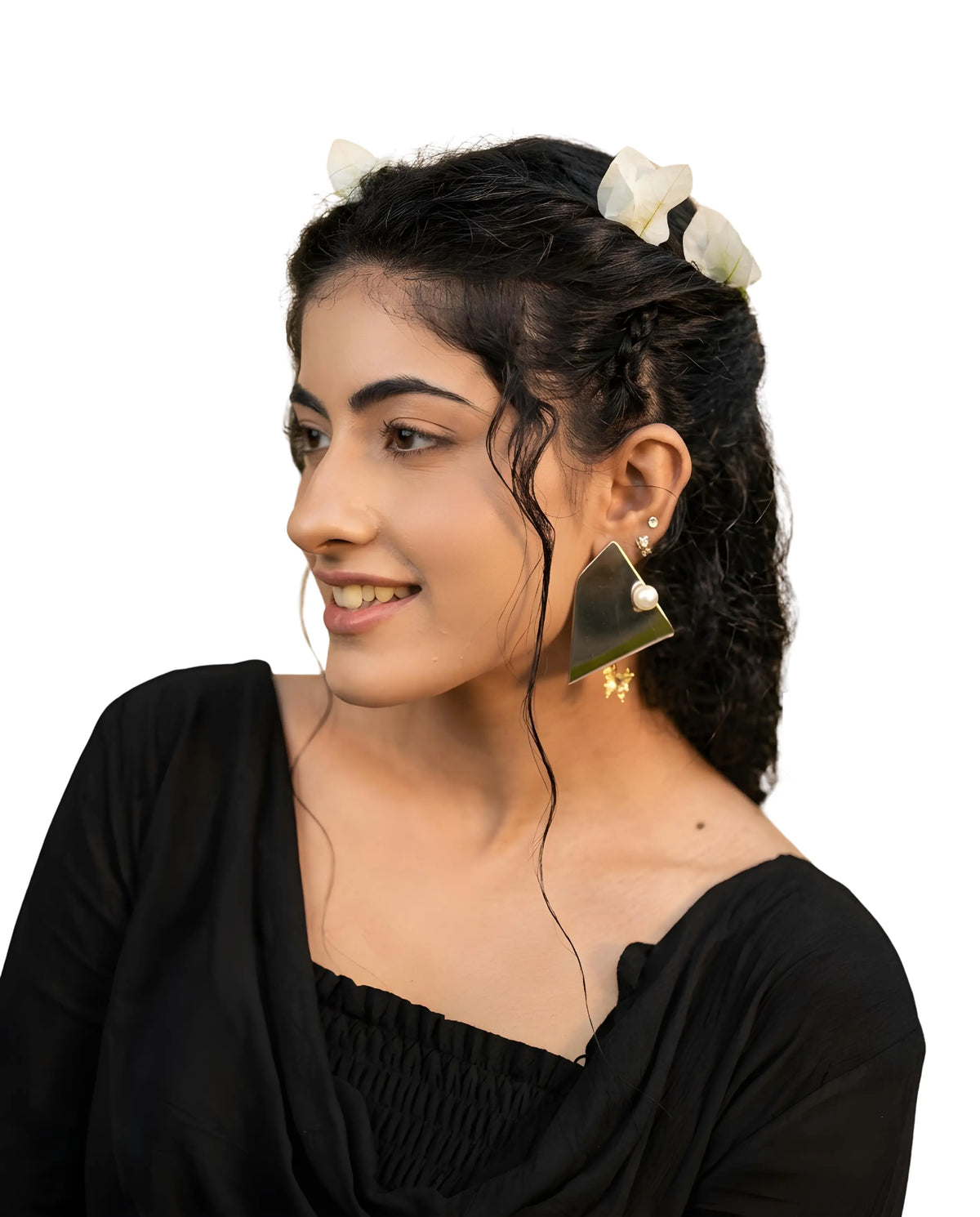 Geometric Mirror Triangle Gold Floral Drop Earrings