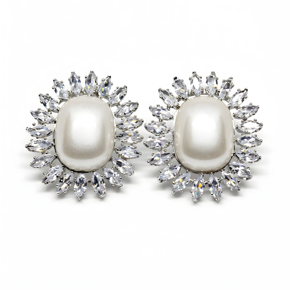 Lustrous Pearl Halo Crystal Stud Earrings