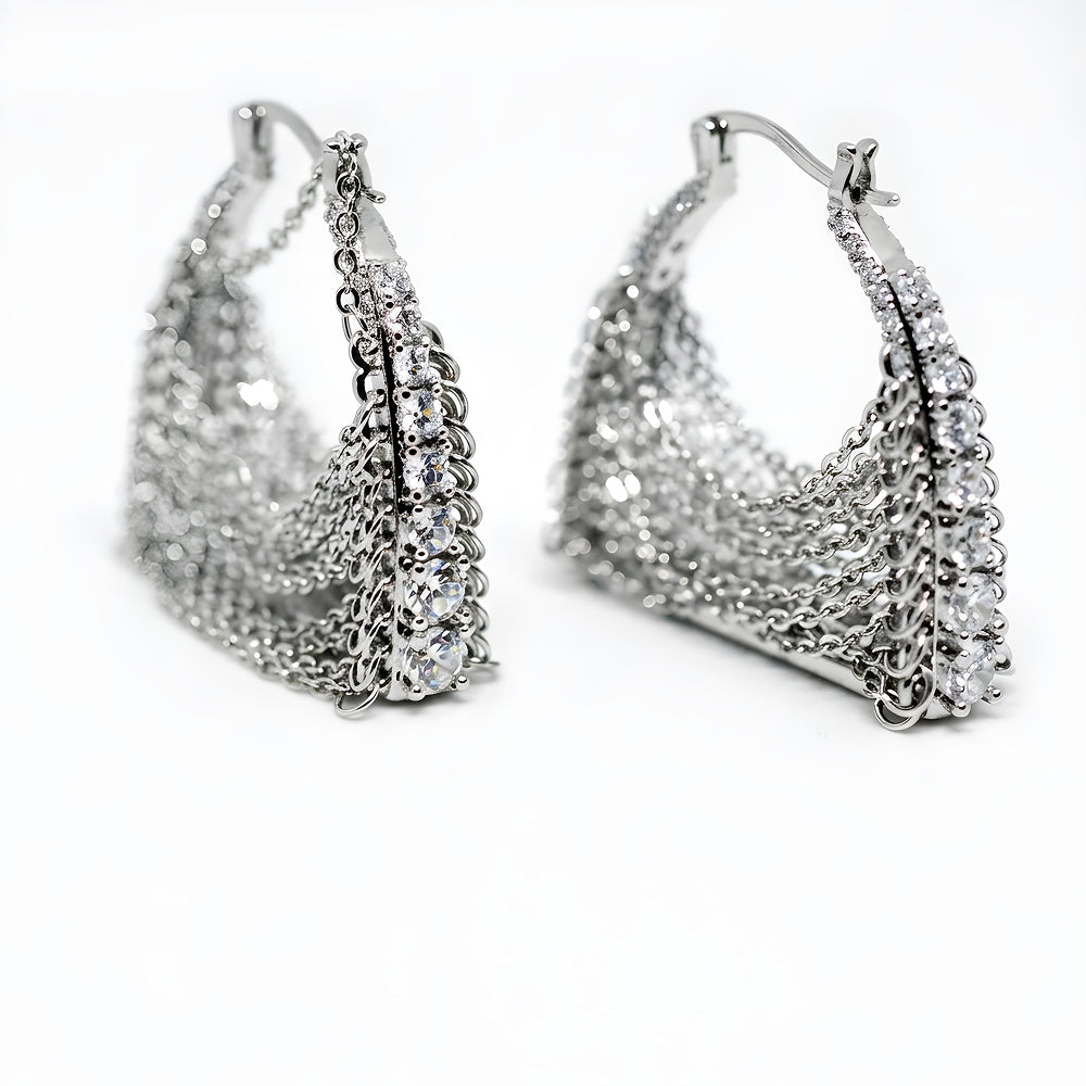 Crystal Arc Silver Chain Fringe Tassel Drop Earrings