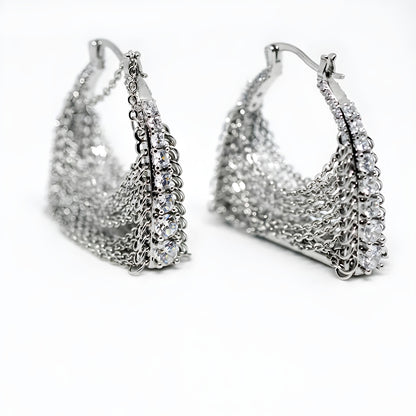 Crystal Arc Silver Chain Fringe Tassel Drop Earrings